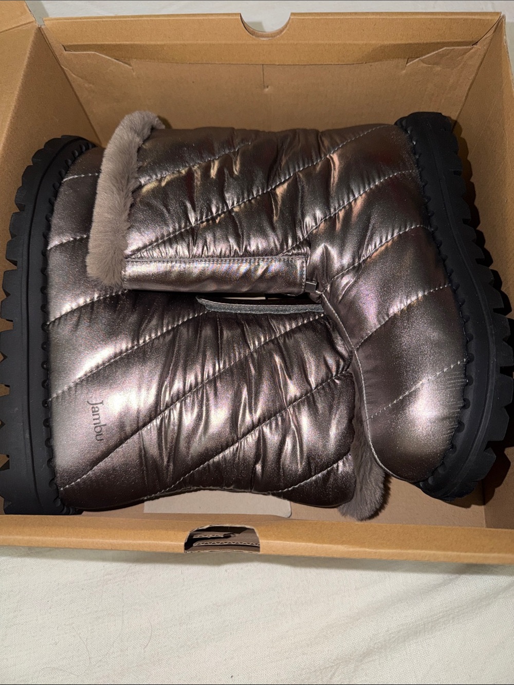 Jambu Women's Metallic Pewter Quilted Faux-Fur Winter Boots